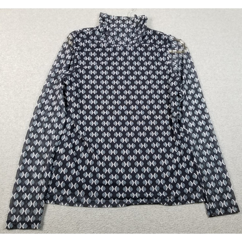 Rafaella Turtleneck Top Women's Medium M Blue Geometric Mesh Long Sleeve Stretch